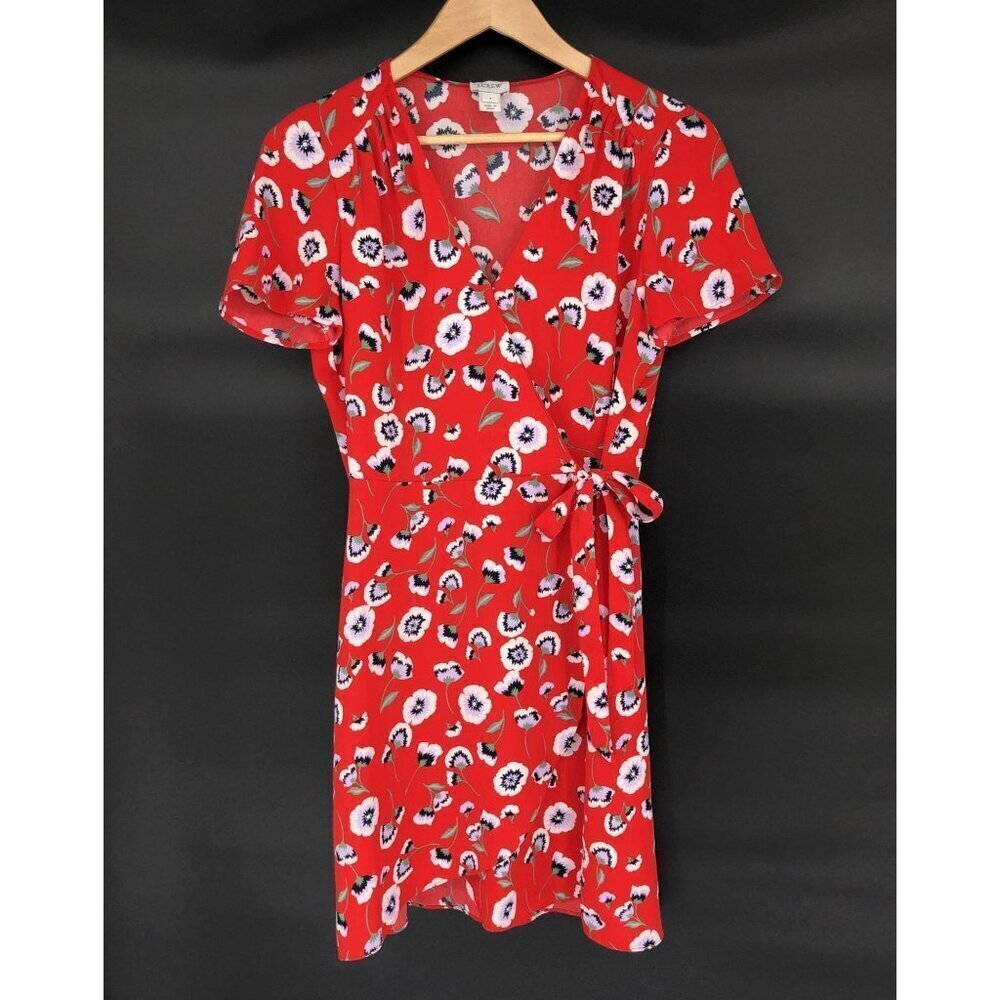 J.Crew Red Floral Printed Wrap Dress Womens 4 Short Sleeve V-Neck Office Church